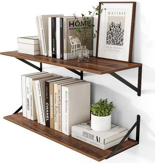 Heimlove 12 Inch Deep Floating Shelves for Wall, 32W x 12D Wood Wall Shelves Set of 2, Walnut Wide Floating Bookshelf for Living Room, Kitchen, Office, Bedroom, with Black Metal Bracke - Walnut