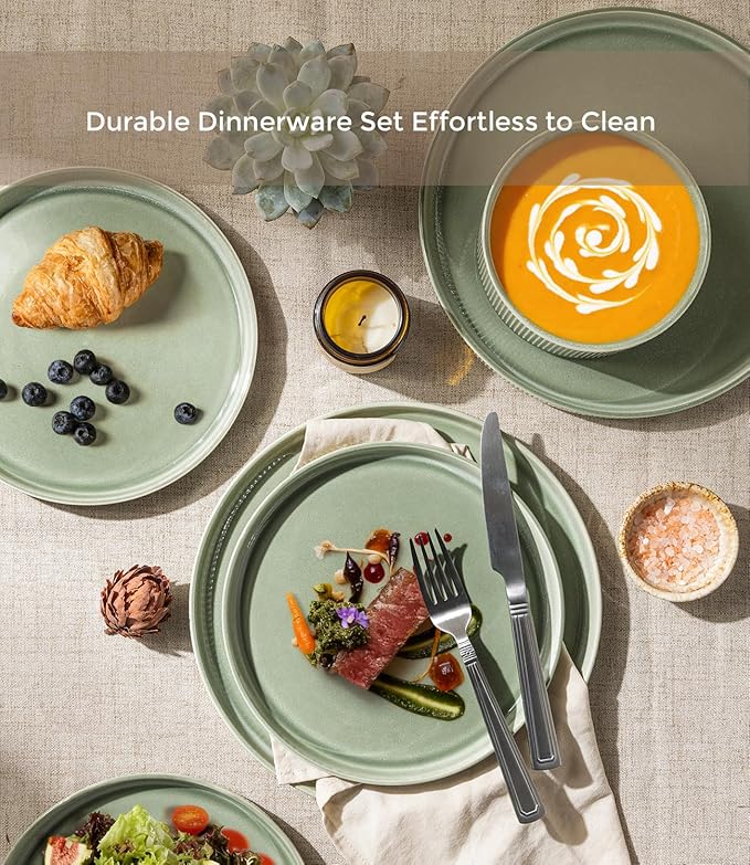 GBHOME 18-Piece Stoneware Dinnerware Set for 6 – Ribbed Ceramic Plates and Bowls, Scratch-Resistant, Microwave & Dishwasher Safe, Reactive Glaze, Light Green