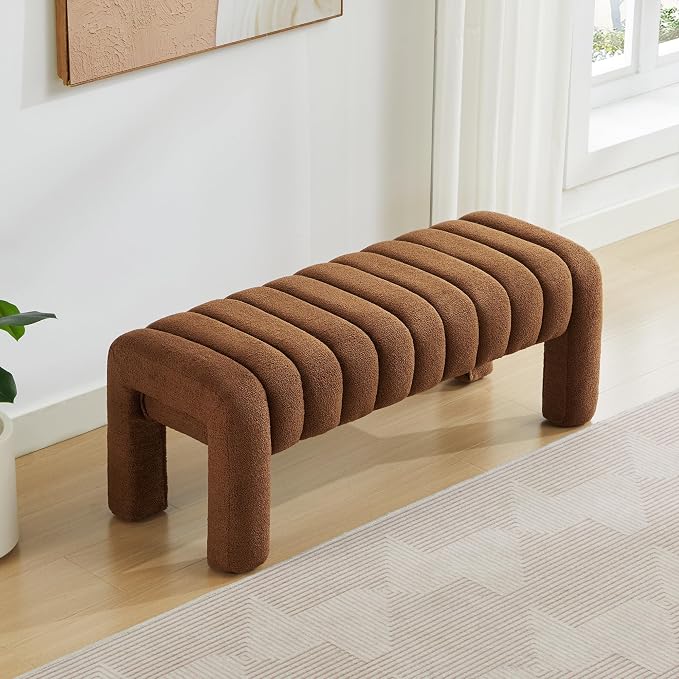 43.3" Bedroom Bench, Upholstered Brown Boucle Ottoman, Modern Tufted Dining Bench with Solid Wood Legs and Adjustable Foot Pegs for Entryway, Dining Room and Living Room (Rust Brown Boucle)