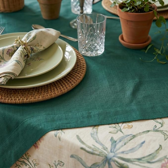Solino Home Linen Tablecloth 52 x 52 Inch - 100% Pure Linen Rainforest Green Square Tablecloth - Fete, Machine Washable Table Throw