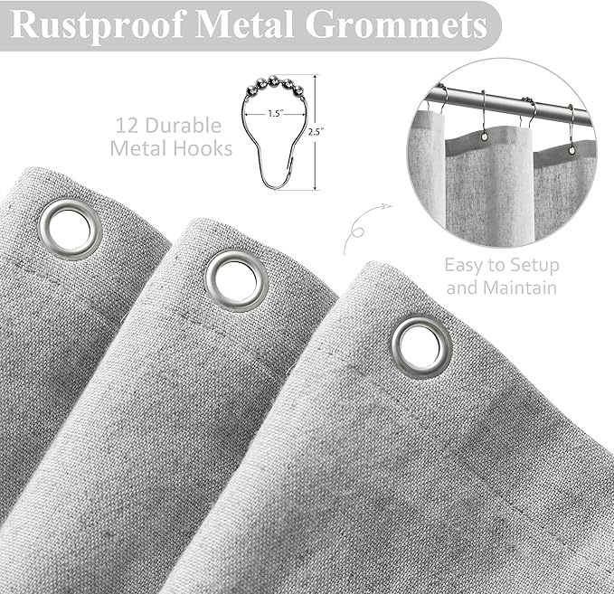 Naturoom Light Grey Linen Shower Curtain, Cloth Textured Fabric Shower Curtain Set with Hooks, Simple Elegant Modern Farmhouse Country Ultra Thick Bath Curtains for Bathroom,Water Repellent,72x72