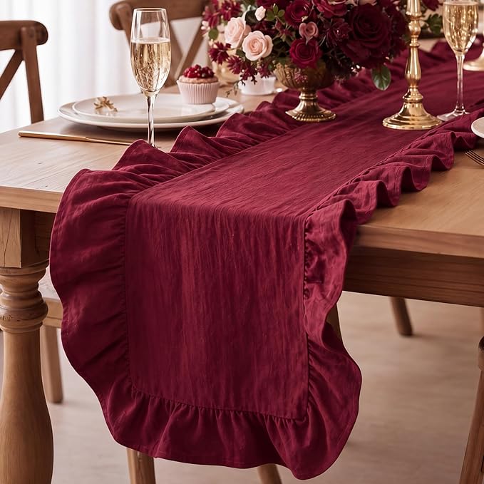 Burgundy Ruffled Table Runner 72 Inches Long Scalloped Table Runner Rustic Cotton Tabletop Farmhouse Decor for Christmas Bride Shower Birthday Party Holiday Wedding(Solid Color)