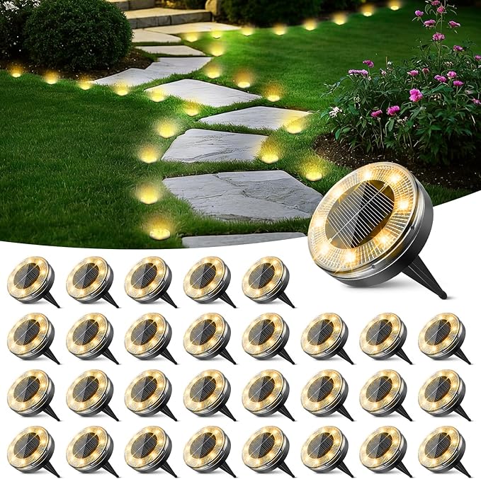 Peasur Mini Solar Ground Lights, 30 Pack Flat Solar Disc Lights Outdoor Waterproof, 2.3 Inch Small Solar Garden Lights Landscape Lighting for Outside Pathway Garden Yard Lawn Walkway,Warm White