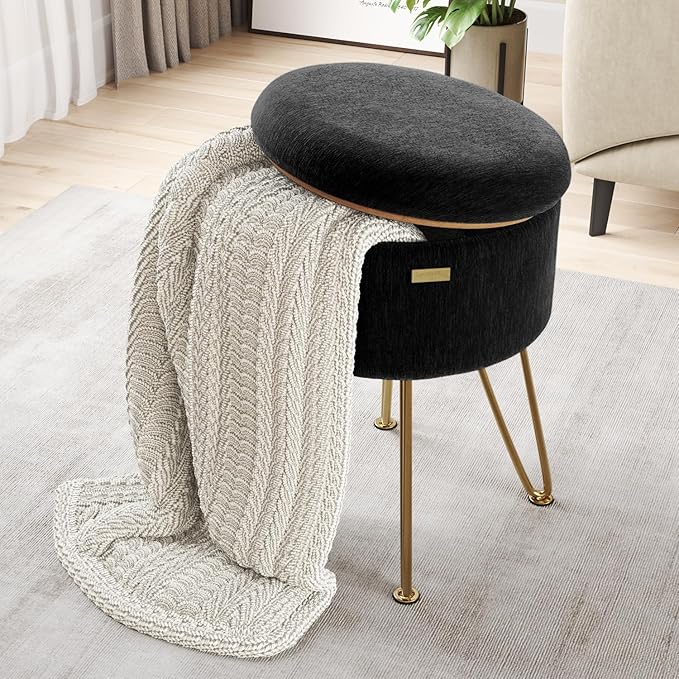 Round Ottoman with Storage, Textured Velvet Storage Ottoman, Foot Stool Ottomans, Makeup Vanity Stool, Small Ottomans Foot Rest, Modern Vanity Stools for Living Room and Bedroom, Black