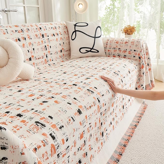 DREAMINGO Abstract Chenille Couch Cover Blanket Beige Orange Black Boho Sofa Cover, Washable Furniture Protector, Universal Slipcover for Couch, Geometric Brushstroke Jacquard, X-Large 71"x134"