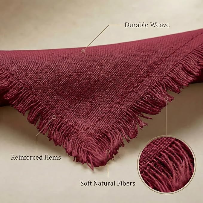 ACCENTHOME Burgundy Cotton Linen Napkin Set of 12 18x18 inch Dinner Napkins - Washable Soft Premium Hotel Quality Reusable Hemmed Edges Napkins Perfect Table Linens for Family Dinners, Weddings