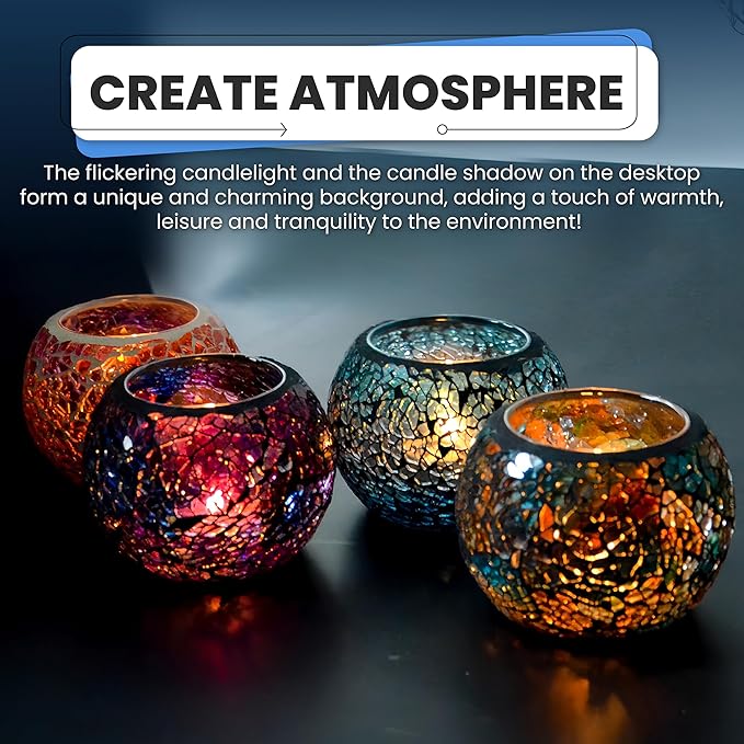 ELEGANTZ Tealight Candle Holder Centerpiece - Luxury Mosaic Glass Dining Table Decorations - Elegant Modern Tea Lights Decor - Set of 2