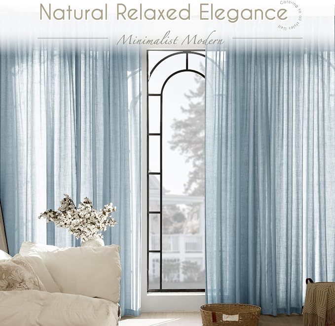 Dusty Blue Linen Curtains for Living Room Back Tab Light Filtering Semi Sheer Light Blue Bedroom Curtain Linen Cotton Textured Grey Blue Drapery Panel Airy Modern Farmhouse Aesthetic Decor 52x108 Long