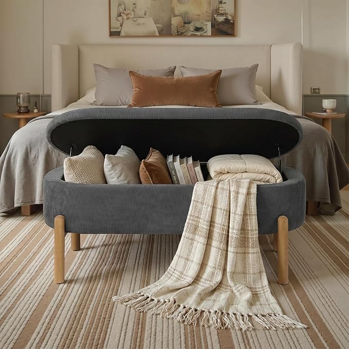Storage Bench Ottoman, Upholstered Corduroy Storage Bench for Bedroom End of Bed, Modern Aesthetic Furniture, Large Oval Ottoman Bench for Foot of Bed, Living Room, Entryway, Under Window (Grey)