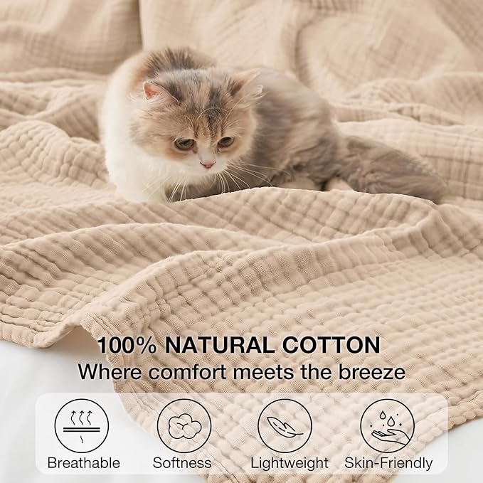 100% Cotton Muslin Blanket 50" x 60", Breathable and Lightweight Cotton Throw Blankets for Couch, Soft Cooling Summer Gauze Blanket for Adults All Season, Beige
