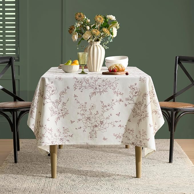 French Linen Rectangle Tablecloth Floral Table Cloth with Brown Flowers Pattern Burlap Textured Farmhouse Vintage Rustic Outdoor Table Cover for Picnic,Dining,Party,Home Decor 55x84 Inch