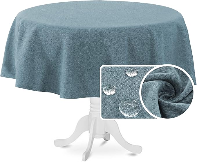 H.VERSAILTEX Linen Textured Tablecloth Round 60 inch Waterproof Decorative Table Cloth Spill-Proof Linen Look Cover for Party Table Extra Soft and Thick Fabric Wrinkle Free, Heather Stone Blue