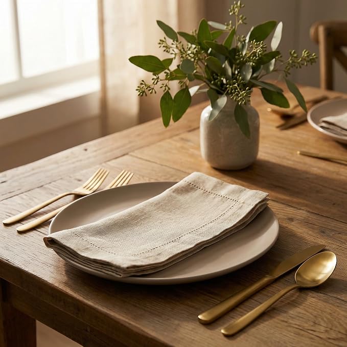Flax Hemstitched Cloth Dinner Napkin Set of 4 Natural 20x20 Inches, Decorative Premium Cotton Linen Dinning Table Napkins Ideal for Mother's Day, Cocktail Party | Kitchen Napkin for Home Décor