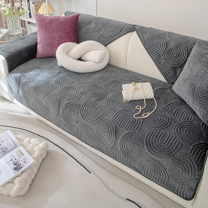 Soft Plush Geometric Quilted Couch Sofa Cover Boho Non Slip Fuzzy Sectional Couch Cover Solid Color Washable Sofa Slipcover Furniture Protector for Kids Dogs Cats (Dark Grey,36"x36")