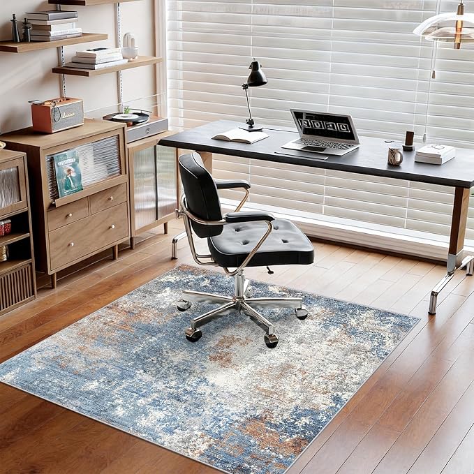 5x5 Square Rug for Living Room Machine Washable Non-Slip Area Rug for Kitchen Entryway Bathroom Modern Neutral Abstract Soft 5ft Indoor Carpet (Blue Rust, 5x5)