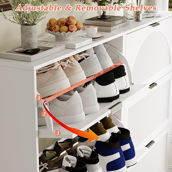 Shoe Storage Cabinet with 6 Flip Drawers, Narrow Wood Shoe Organizer Cabinet with Fluted Panel, Slim Shoe Rack for Entryway, Freestanding Shoe Cabinet for Living Room, Hallway, White