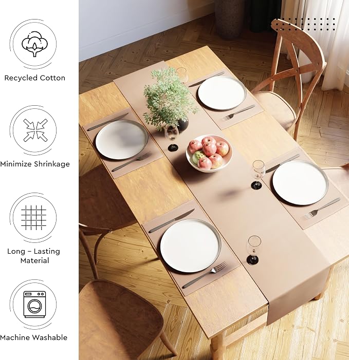 Encasa XO Dining Table Runner 13"x79" | Yarn Dyed Fine Ribbed Cotton | Solid Beige | Machine Washable