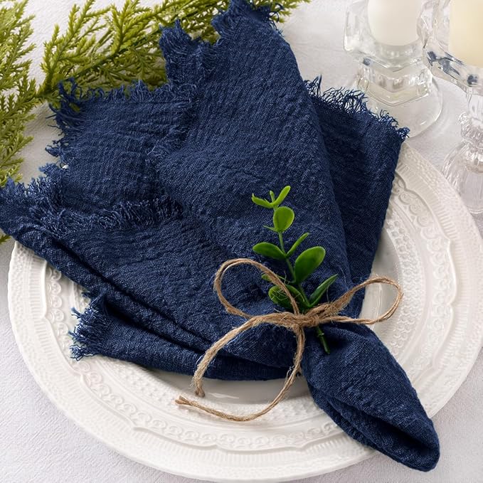 Socomi Set of 6 Linen Napkins Navy Blue Easter Spring Cloth Napkins Washable Cotton Dinner Napkins Fringe 17"x17" for Wedding Party Bridal Baby Shower Birthday Table Decorations