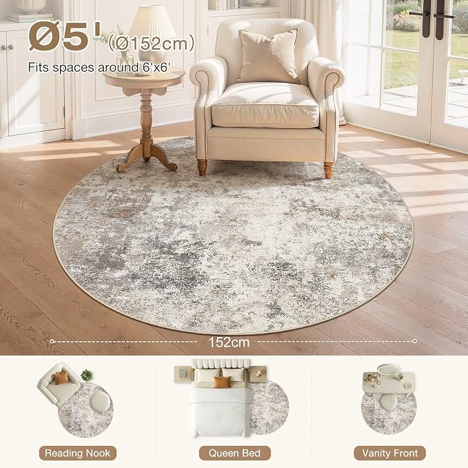 UERMEI 5ft Round Area Rug Living Room Rugs - 5x5 Washable Neutral Modern Abstract Soft Thin Rug Indoor Floor No Slip Rug Carpet for Bedroom Under Dining Table Home Office Decor - Brown Grey
