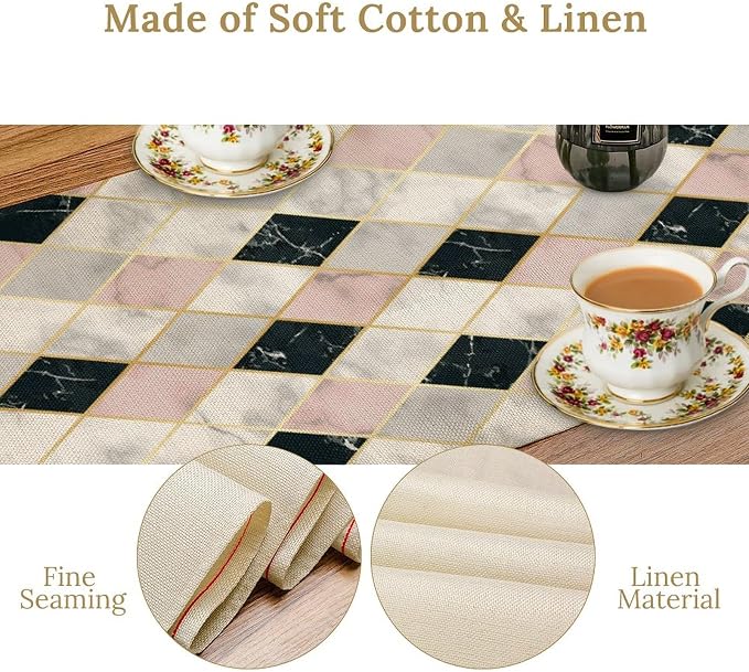 Marble Table Runner,Pink Black White Gold Geometric Diagonal Marble Pattern Table Runner for Coffee Table Dining Room Table Bedroom Party Holiday Decor 13x72inch