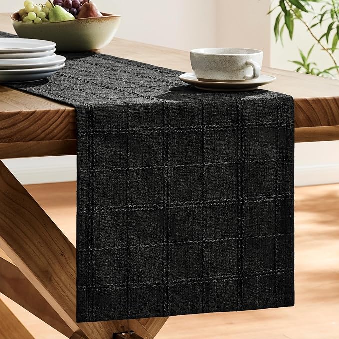 ZeeMart Linen Checked Farmhouse Table Runner, 13x60 Inches Black | Raised Grid Design, Rich Woven Texture, Linen Blend Table Runners 60 Inches Long, Machine Washable, Boho Home Kitchen Decor
