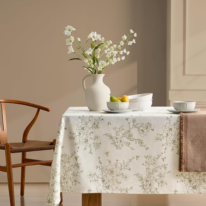 Linen Floral Rectangle Tablecloth Farmhouse Vintage French Rustic Tablecloths Green Flowers Pattern Burlap Textured Outdoor Table Cover for Picnic,Dining,Party,Home Decor 55x120 Inch