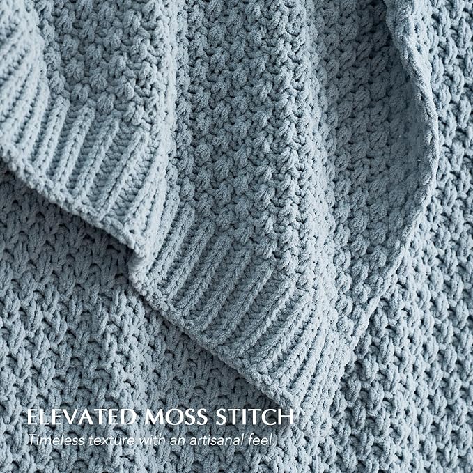 EVERGRACEHOME Chunky Chenille Knit Throw Blanket for Couch, Soft Luxurious Moss Stitch Blankets for Bed, Cozy Decorative Farmhouse Knitted Throws for Sofa, Chambray Blue, 60" x 80"