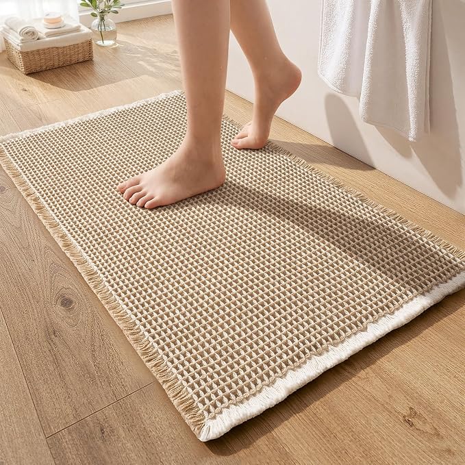 MIULEE Waffle Bathroom Rugs, Super Absorbent Non Slip Bath Rug, Upgraded Soft Quick Dry Washable Boho Beige Bath Mat with Tassels for Bathroom Floor, 24"x36", Brown & White