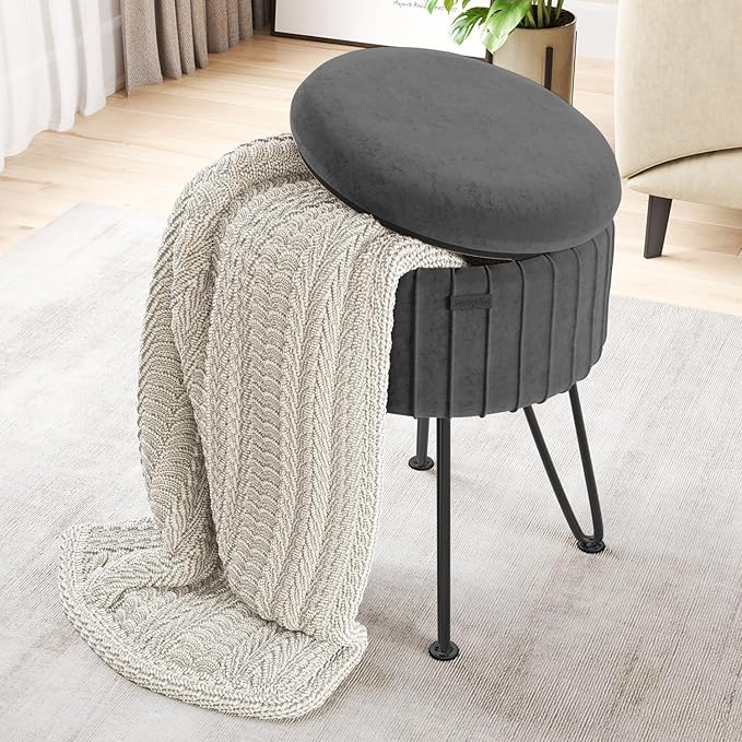 Round Ottoman with Storage, Pleated Velvet Storage Ottoman, Foot Stool Ottomans, Makeup Vanity Stool, Small Ottomans Foot Rest, Modern Vanity Stools for Living Room and Bedroom, Grey