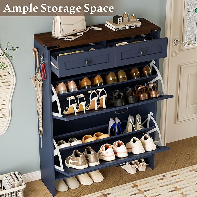BORNOON Shoe Cabinet with Odor Control Deodorizer and Back Panel, Farmhouse Narrow Shoe Storage Cabinet Rack for Entryway with 2 Flip Drawers and 2 Top Drawers, Adjustable Shelves, Side Hooks