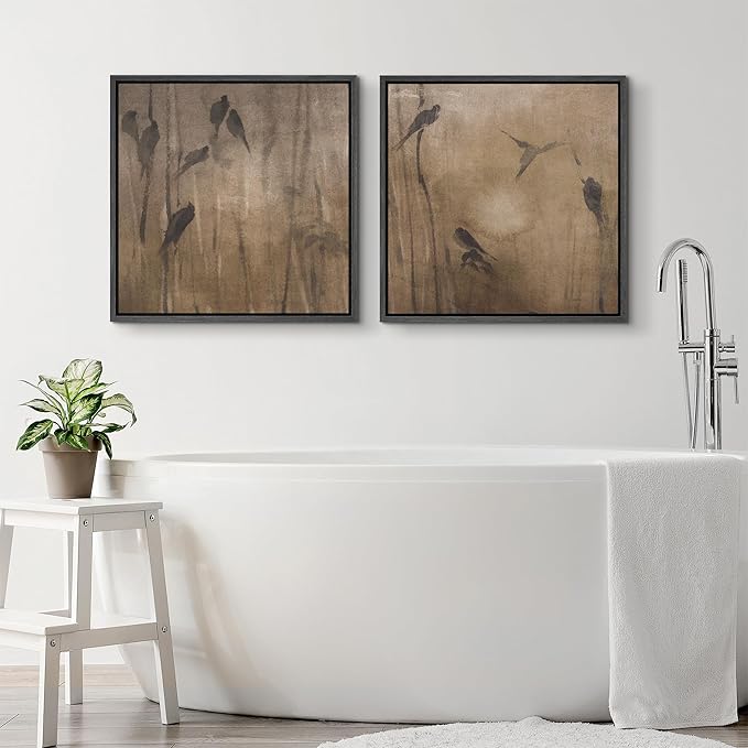 SIGNFORD Framed Canvas Print Wall Art Set Minimalist Bird Silhouette Neutral Brown Abstract Nature Modern Art Relax/Calm for Living Room, Bedroom, Office - 16"x16"x2 BLACK