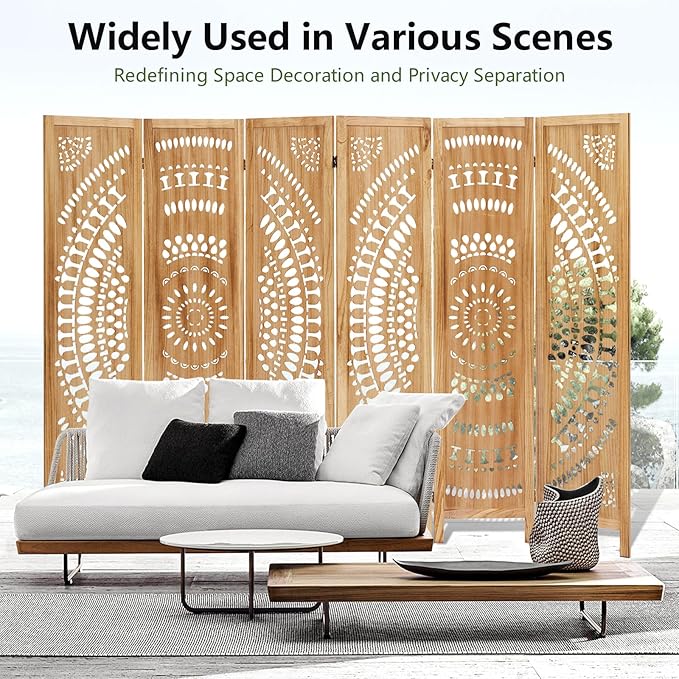 6 Panel Room Divider, 5.6 Ft Foldable Wood Room Divider Screen, Hand-Woven Folding Privacy Screens with Double Hinges, Wall Divider for Room Separation Bedroom Home Office - Carved Natural