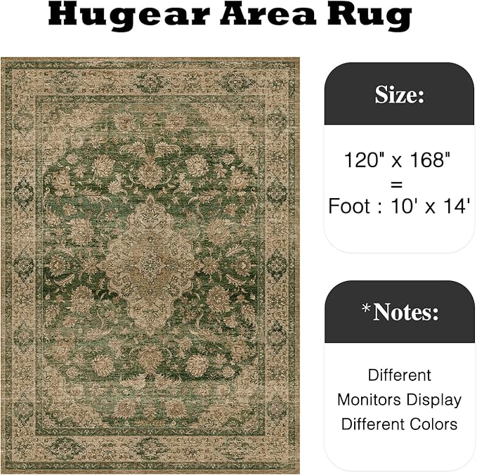 HUGEAR Retro Green Area Rug 10x14 Machine Washable Living Room Rugs Distressed Vintage Floral Low Pile Carpet Bedroom Office Dining Room Laundry Room Non Slip Soft Lightweight
