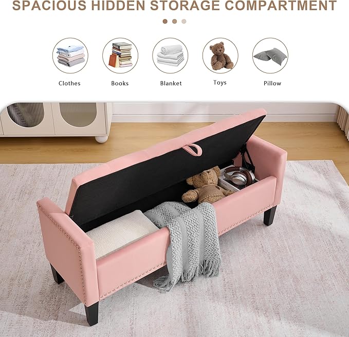 51" Storage Ottoman Bench, Velvet Large End of Bed Bench with Arms, Modern Storage Bench for Living Room, Bedroom, Entryway, Window, Holds up to 500 lb
