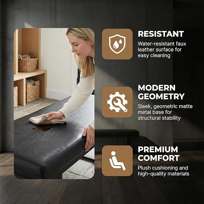 Hyfirm 45" Faux Leather Entryway Bench, Upholstered End of Bed Bench Ottoman for Bedroom Window Bench Dining Bench with Metal Legs for Living Room Dining Room, Black