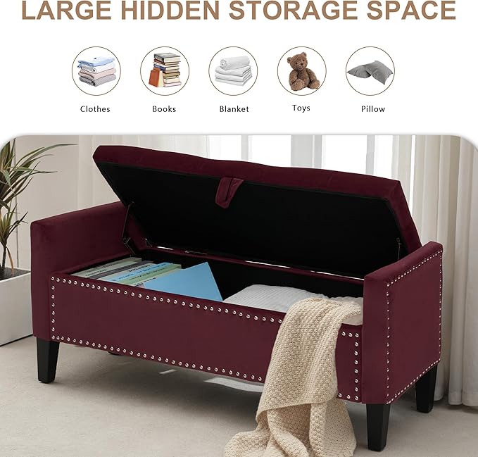 Velvet Ottoman with Storage, 46'' Upholstered Button Tufted End of Bed Bench with Arms, Modern Storage Bench for Living Room, Bedroom, Entryway, Purple