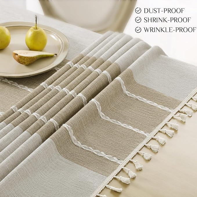 Softalker Outdoor Tablecloth Rectangle, Waterproof Linen Cotton Farmhouse Table Cloths with Tassel, Heavy Weight Wrinkle Free Boho Table Cover for Picnic Camping Dining - 55 x 102 Inch, Coffee Lines