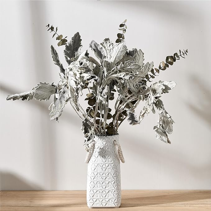 Vaseking Elegant White Petite Vase, 7 inch Ceramic Modern Minimalism Geometric Texture Purse Vase with Hanging Rope, Creative Tote Bag Vases for Home Decor, Living Room, Wedding, Bookshelf Decor