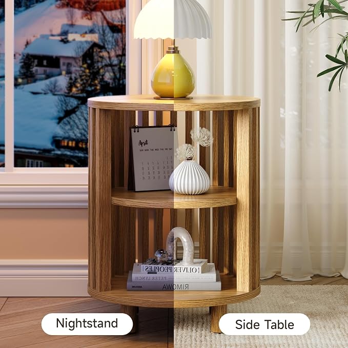 Round End Table, Wood Bedside Table, Mid Century Modern Nightstand with Open Storage Shelf, 3 Tier Small Side Tables for Living Room, Bedroom, Curved Profile Design, Natural Oak(1-Pack)