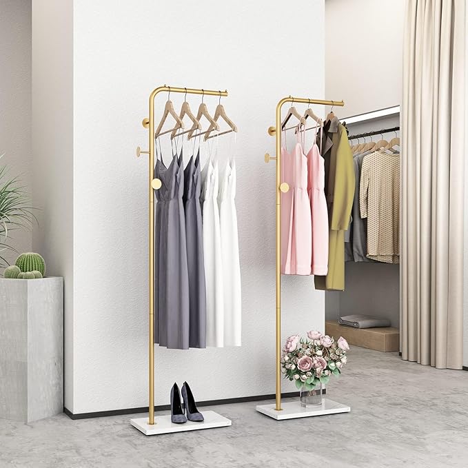 Metal Gold Coat Racks, Standing Coat Rack with Heavy Base, Modern Coat Tree with Crossbar and 3 Hooks, Entryway Coat Racks for Handbags, Clothing.(67inch)