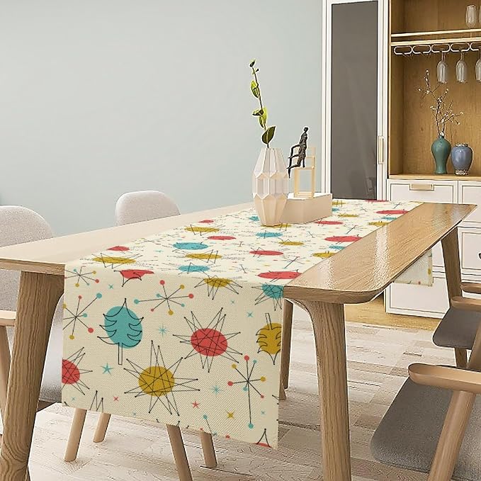 Abstract Mid Century Table Runne Modern Colorful Geometric Vintage Stars Atomic Starburst Table Decoration for Home Kitchen Dining 13x90in