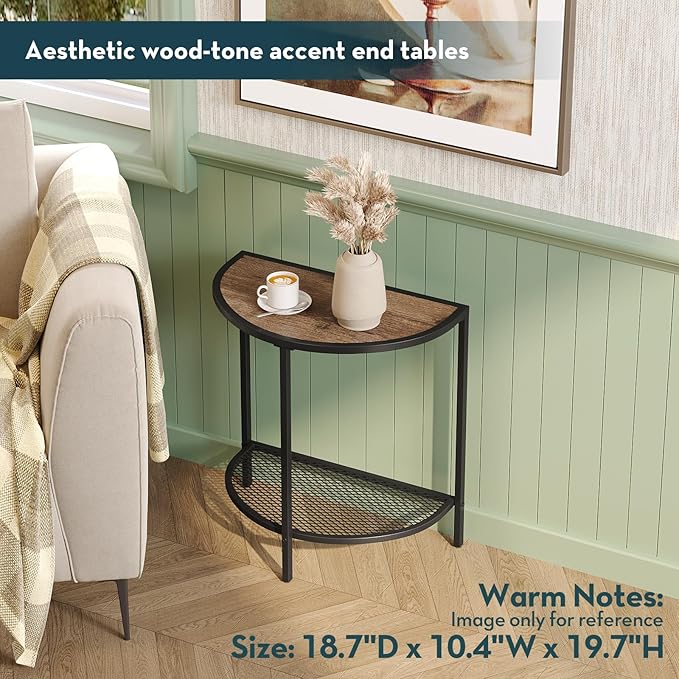 SAYGOER Small Side Table 19.7'' Half Moon Side Tables for Living Room 18.7"*10.4" Unique Modern Half Round Bed for Home Balcony 2 Tier Couch Tables with Storage Shelf, Adjustable Feet, Dark Walnut