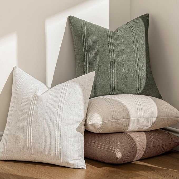 MIULEE Striped Throw Pillow Covers 18x18 Decorative Textured Pillow Covers Pack of 2 Linen Cushion Cases for Couch Bed Sofa Livingroom Farmhouse Home Decor, Olive