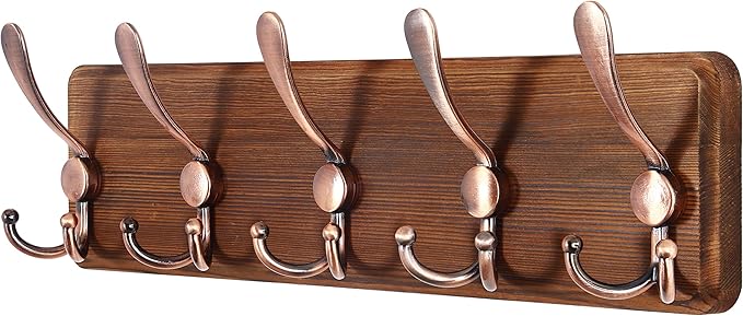 SKOLOO Rustic Pine Wood Wall Coat Rack with 5 Triple Hooks, 16" Stud Spacing, Farmhouse Wall Mounted Coat Rack for Hanging Backpack, Jacket, Hat
