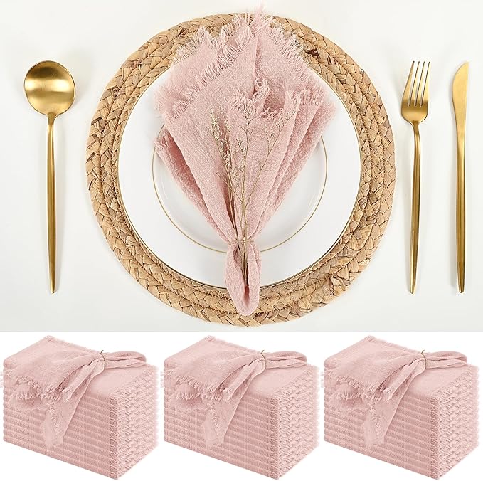 36 Pack Pink Handmade Cloth Napkins 16 x 16 Inch Cotton Linen Napkins with Fringe, Washable and Reusable Napkins, Soft Rustic Boho Fringe Cloth Napkins for Dinners, Parties, Wedding