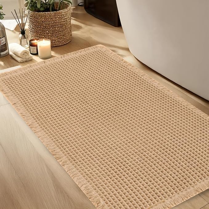 Hiasan Waffle Bath Mat, Super Absorbent Non Slip Bathroom Boho Rug with Tassels, Machine Washable Bath Mats for Bathroom, Ultra Soft Rubber Backed Rug, Brown, 24 x 60 Inches