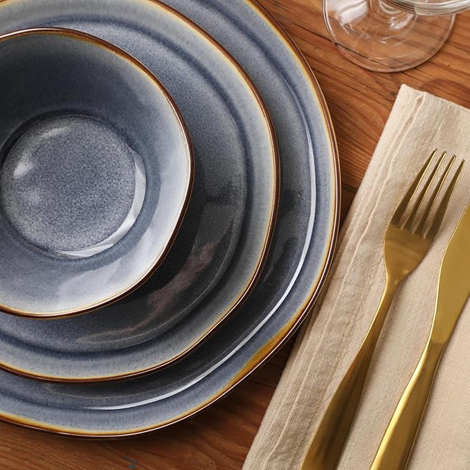 Gibson Elite Algeria River Plates and Bowls Sets, 12-Piece Stoneware Dinnerware Sets, Reactive Glaze Dish Set - Blue