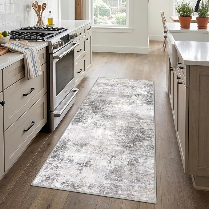 IOHOUZE Abstract Runner Rug 3x6 Ft Washable Runners for Hallways, Non Slip Kitchen Runner Printed Faux Wool Entryway Runner Indoor, Modern Abstract Floor Carpet for Hall Kitchen Bedroom, Grey Beige