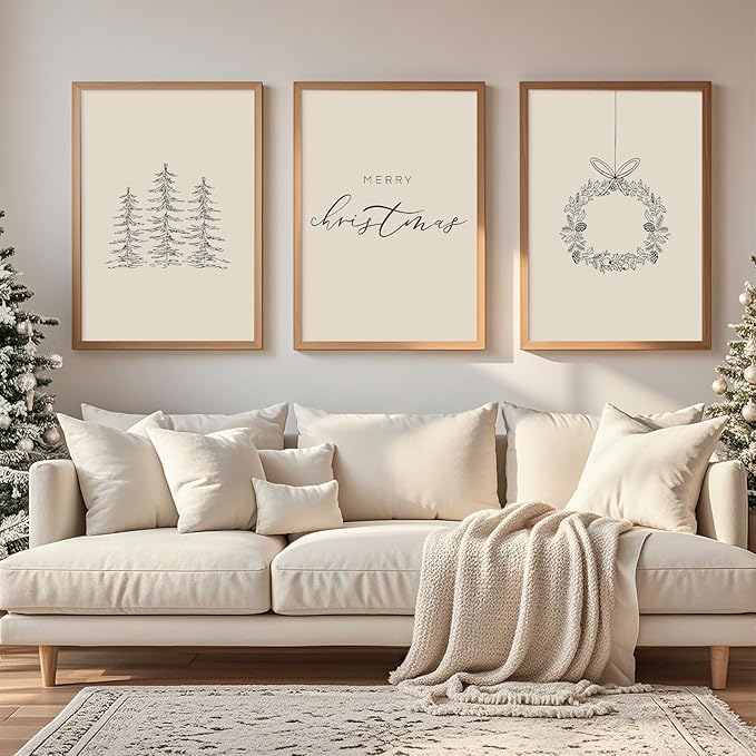 Baccone Christmas Wall Art Winter Xmas Canvas Decor Merry Christmas Wall Art Minimalist Vintage Painting Beige Farmhouse Prints Holiday Poster for Bathroom 16x24x3 Inch Unframed