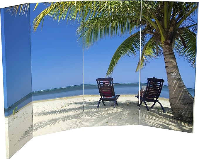 Red Lantern 3 ft. Short Double Sided Beach Canvas Folding Screen 4 Panel Freestanding Partition and Separator for Modern and Contemporary Bedroom, Home Office, Studio, Dorm, Apartment